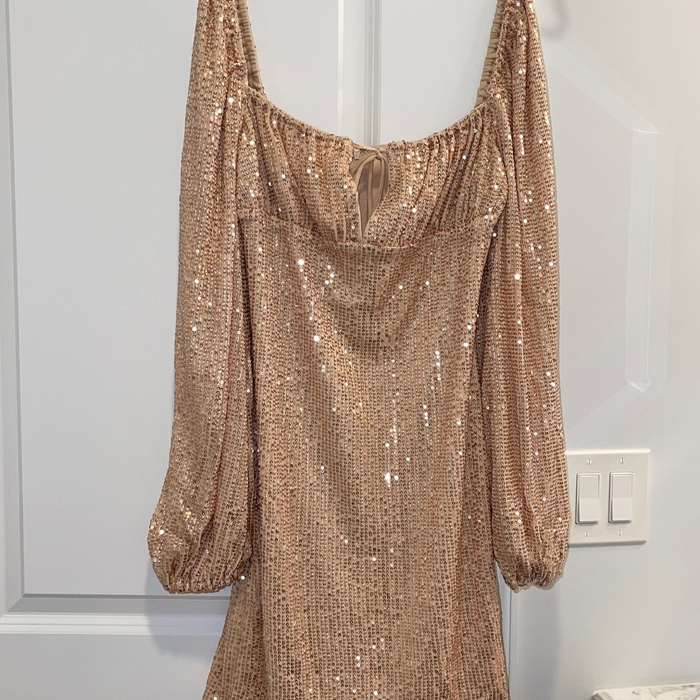 Rose gold off the shoulder dress. Brand new